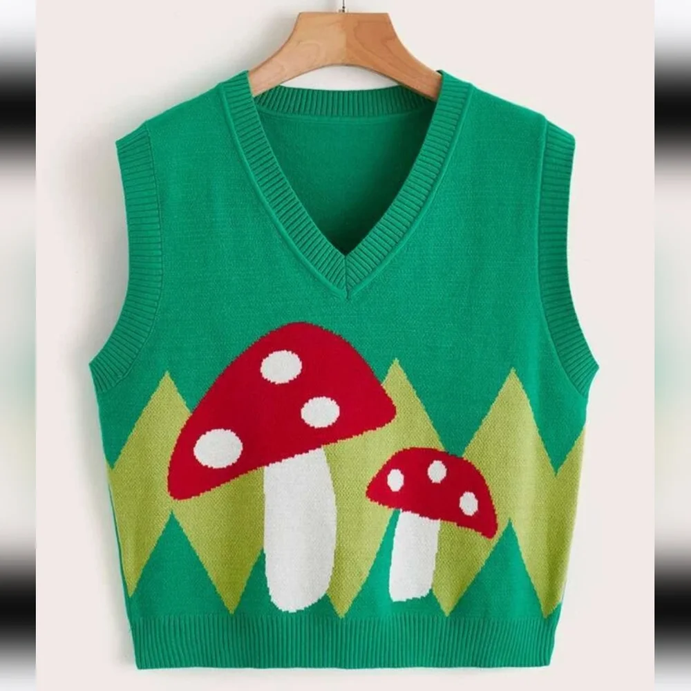Mushroom Print V Neck Sweater Vest Springtime Green Red Sleeveless S-L - Picture 1 of 6